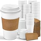 Ginkgo 100 Pack 16 oz Disposable Coffee Cups with Lids and Sleeves Leak-Proof White Paper Cups, Insulated To Go Hot Beverage Cups