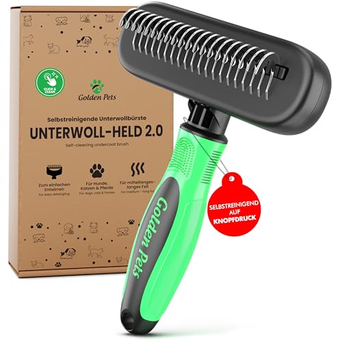 NEU! Selbstreinigende Unterwollbürste Hundebürste langhaar & Katzenbürste langhaar - Unterwollkamm entfernt Unterwolle & Verfilzungen, Knoten Entfernen - Unterfellbürste für Fellwechsel Golden Pets
