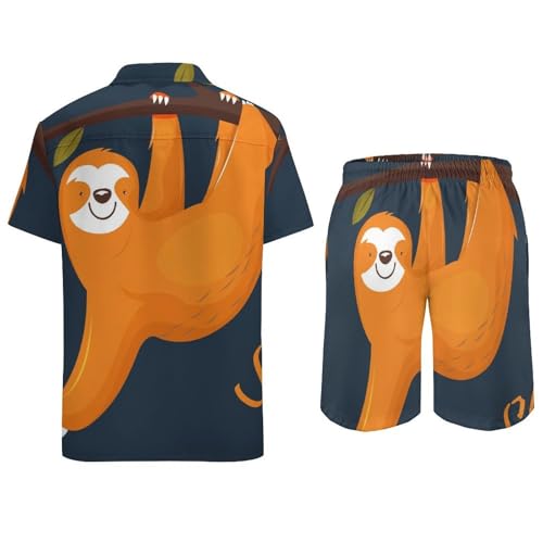 Ensemble Chemise Hawaïenne Homme Jaune Imprimé Paresseux avec Short et Pantalon Fluide