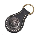 Handmade Vintage Leather Keychain with Ornate Metal Clasp - Round Teardrop Genuine Cowhide Key Ring for Car Keys, Bags (Black)