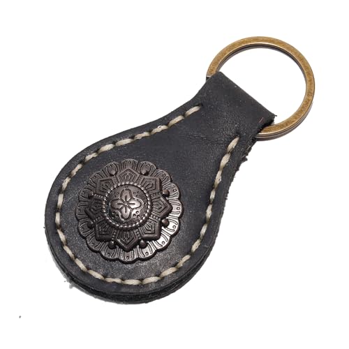 Handmade Vintage Leather Keychain with Ornate Metal Clasp - Round Teardrop Genuine Cowhide Key Ring for Car Keys, Bags (Black)
