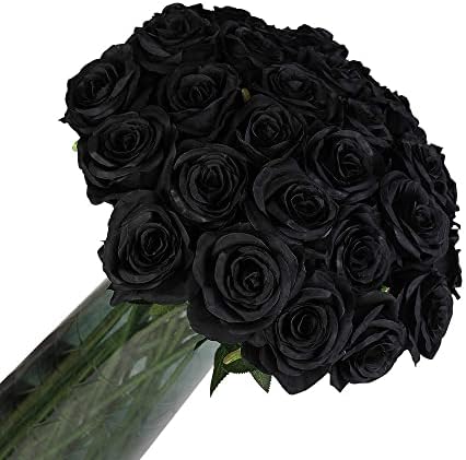 Laelfe 12 PCS Artificial Flowers Roses Fake Silk Flowers Long Stem Artificial Black Roses for Home Wedding Party Halloween Outdoor Decorations(Black)