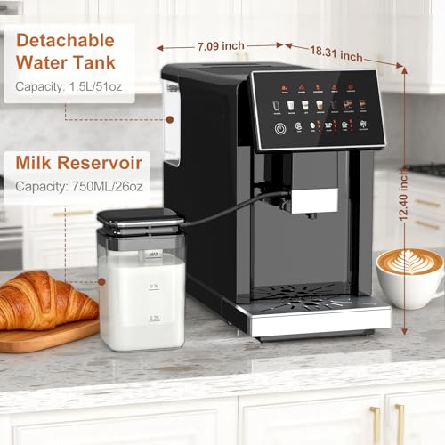Image of Fully Automatic Espresso Machine with Grinder & Auto Milk Frother, Smart Alarm, Coffee Machine with Intuitive Touchscreen & Auto-Clean Function, Ideal for Latte, Cappuccino, Americano