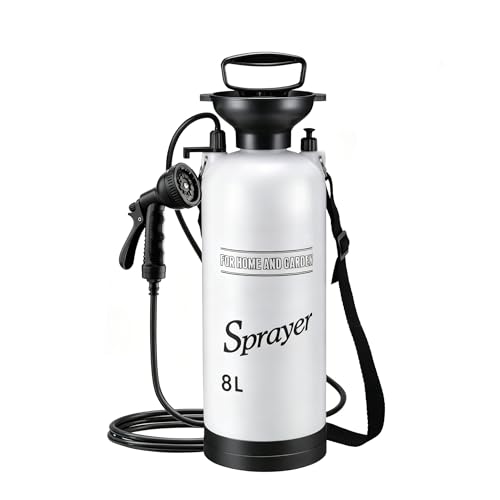 QIYUNI 8L Hand Press Portable Shower, 10 Spray Modes with Removable Hose & Shower Head, No Electric Needed – Ideal for Camping Hiking Travel Beach Garden Pet Shower (White 8L) by QIYUNI - Used condition - US$31.49