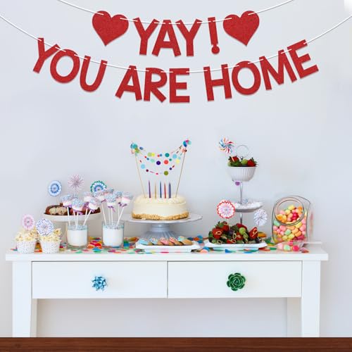 Image of Yay! You're Home! Banner - Welcome Back to Home Sign, Family Reunion Party Bunting Sign, Welcome Home Party Decorations Red Glitter
