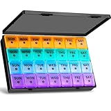 【28 DAY MONTHLY PILL ORGANIZER 1 TIME A DAY】Store a monthly med container. 4pcs 7-day trays help you simply organize one month pills at the beginning of the month and place the organizer on the counter to easily keep track and maintain your family me...