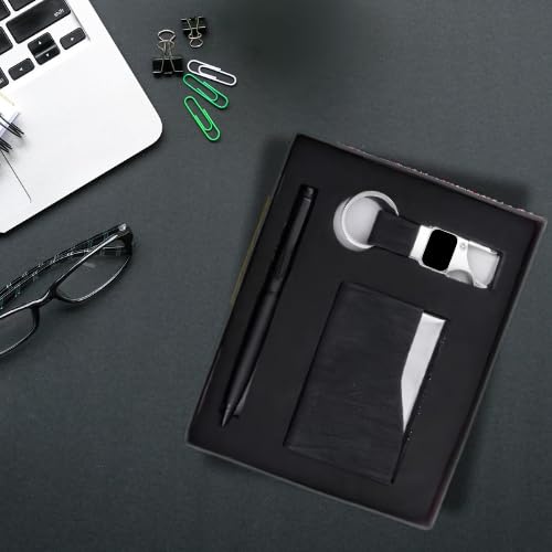 Image of 3 in 1 Personalized Keychain with Pen & Cardcase Combo Gift Set | Custom Name Engraved Leather Notebook with Premium Metal Pen | Ideal for Office, Corporate & Personal Gifting (Black)