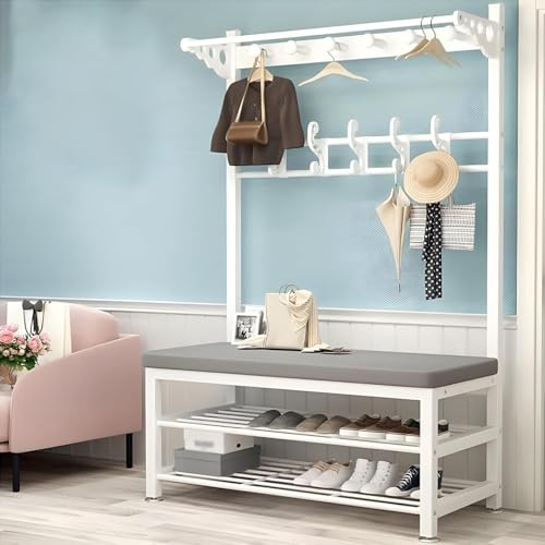 Perchero de Entrada con Banco para Zapatos, Perchero 4 en 1 con Estante de Almacenamiento y Ganchos, cojín Suave y Barra para Colgar, Marco de Metal para Sala de Estar, Pasillo, Dormitorio (