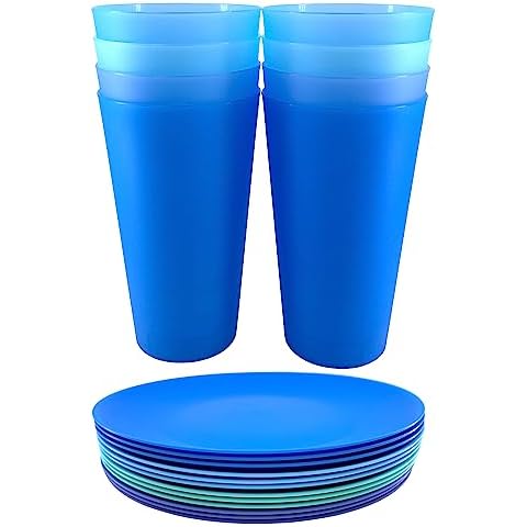 WEXINHAO Coastal Color Plastic Tumblers and Plastic Plates set of 20,Reusable BPA Free and Dishwasher Safe Cover