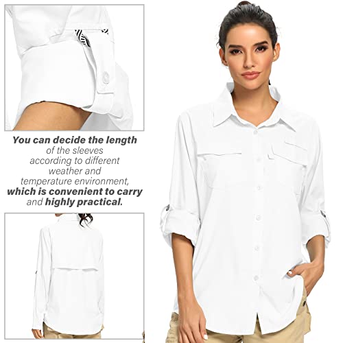 Women's Upf 50 Long Sleeve Safari Shirts,Sun Protection Clothing Women Quick Dry Outdoor Fishing Hiking Gardening Shirt,F5026,White,L #TOP6