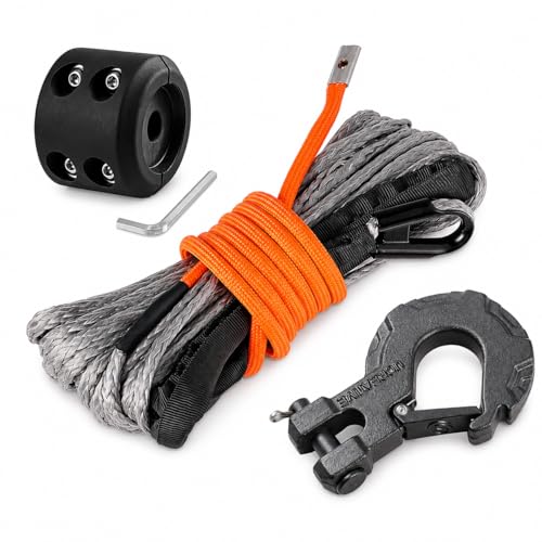 Ucreative 1/4 Inch x 50 Feet Synthetic Winch Rope 10,000LBs Line Cable with Reinforced Hook and Stopper for ATV UTV (Gray)