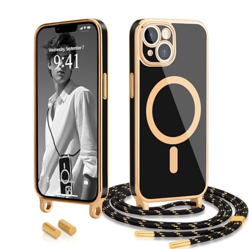 Wirvyuer Coque avec Cordon Compatible avec iPhone 14(6.1") Coque Magnétique Collier Réglable Étui Silicone galvanisé Cellulaire Cover Lanyard Case pour iPhone 14 Noir