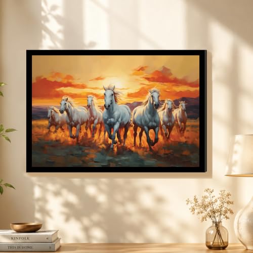 Image of PAINTINGMANTRA 7 Running Horses Vastu Framed Wall Art Painting For Living Room, Seven White Horses Poster with frame for Wall, Decoration item for bedroom, 13x17.5 Inch