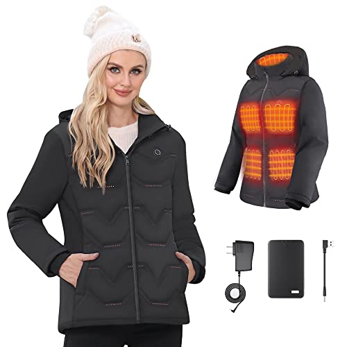 Kintiwe Veste Chauffante Femme avec Batterie Capuche Détachable, Veste Hiver Lavable Chauds avec 3 Niveaux de Chauffage pour Moto Ski en Plein air Randonnée Chasse Camping Cover