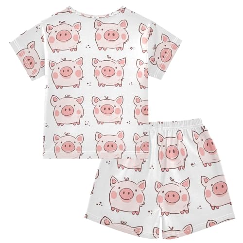 Pajama Short Sets Cute Pink Pig Pattern Soft Cotton Summer Sleepwear 2 Piece PJS Size 5-14T2