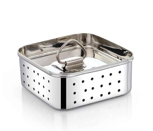 Stainless Steel Square Paneer/Tofu/Sprout Press Mould Maker Strainer, Size-10.5x10.5x4 centimeters, Silver