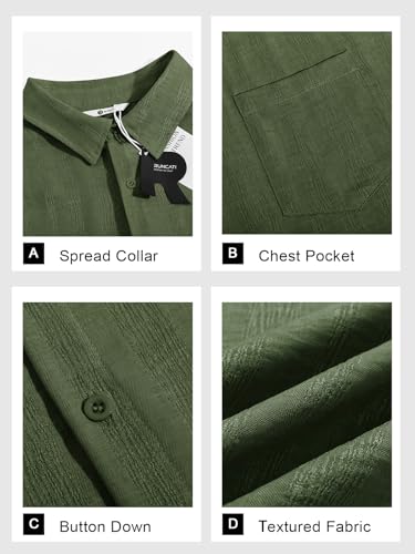 Runcati Mens Button Down Shirts Casual Short Sleeve Shirt Textured Linen Summer Beach Tops with Pocket Army Green