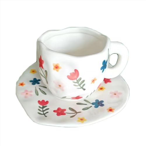 WULUN - WULUN Handmade tasse modèle soucoupe en céramique, céramique épaisse, plusieurs modèles - fleurs et fond blanc, capacité 340ml / 11oz, Boissons froides boissons chaudes disponibles.