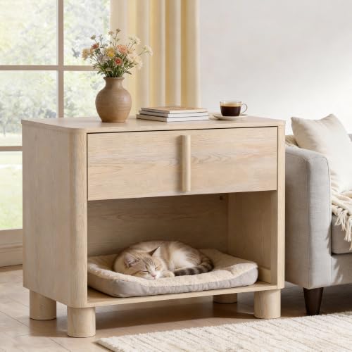 Image of Nightstand Set of 2, 27 inch Wide Natural Wood Grain Bedside Tables with Drawer and Open Shelf, Modern Curved End Tables with Rounded Body and Cylindrical Legs for Bedroom and Living Room,Natural Wood