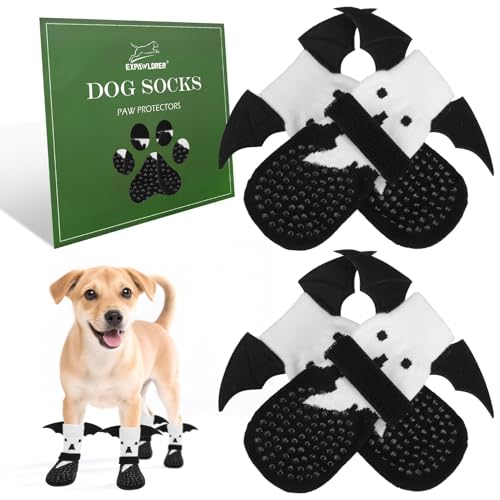EXPAWLORER Halloween Anti Slip Dog Socks to Prevent Licking Paws, Boots & Paw Protectors with Grippers,Doggie Booties for Hardwood Floors for Small Medium Large Senior Dogs Costume White Ghost Wings S