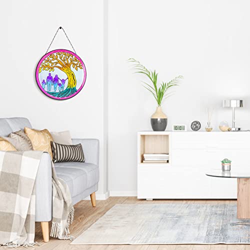 Vewogarden Family Tree Stained Glass Window Hangings 12" Handmade Stained Glass Panels Colorful Sun Catchers For Window Wall Hanging Decor #TOP6