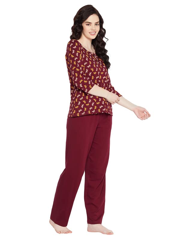 Image of Clovia Women's Cotton Butterfly Print Top & Solid Pajama Set