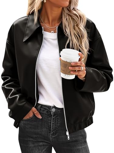 Cicy Bell Womens Faux Leather Bomber Jackets Cropped Motorcycle Casual Coats Fall Trendy Zip Up Outerwear