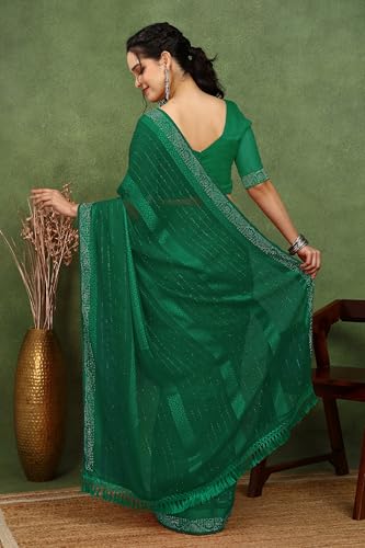 Image of MIRCHI FASHION Saree for Woman Georgette Solid with Satin Stripes | Stone Border Farewell and Ceremonial Sari with Blouse Piece