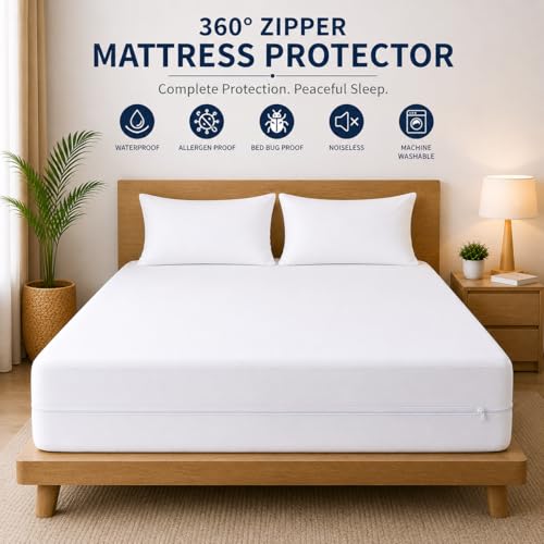 Image of 100% Waterproof Queen Size Zipper Mattress Encasement - Ultra Soft & Breathable Six-Sided Bed Cover, Dustproof Noiseless Fitted Design, 75x60 Inch (6x6 Feet), Fits Up to 6 Inch Mattress, White