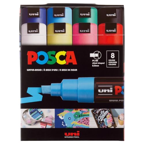 Image of POSCA PC-8K Marker | 8.0 mm Bold Point Chisel Shaped Tip (Multicolor, Pack of 8)
