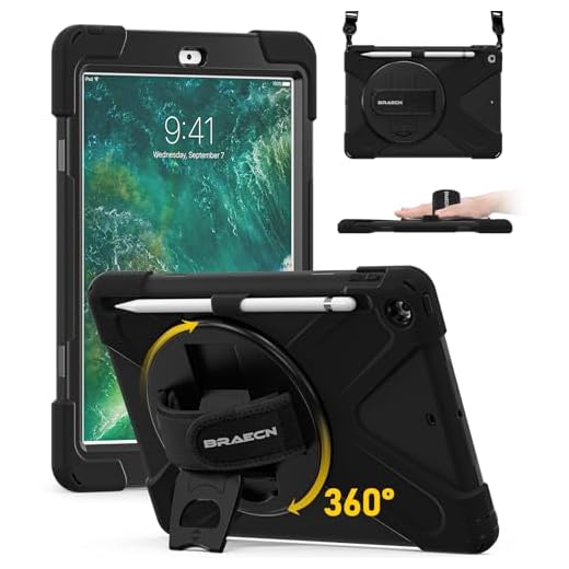 BRAECN iPad Case 6th/5th Generation,iPad 9.7 2018/2017 Case-Heavy Duty Shockproof Rugged Case with Pencil Holder,Shoulder Strap & Rotating Hand Strap/Stand for iPad Case A1893/A1954/A1822/A1823 -Black