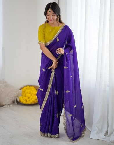 Image of SIRIL Women's Tissue Silk Scalloped Border Embroidery Saree with Unstitched Blouse Piece