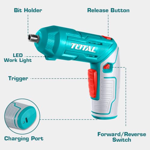 Image of TOTAL 4V Cordless Screwdriver, 4Nm Torque, 240RPM, 23 Cr-V Bits Set | Two-Position Handle, Type-C Charging, Work Light, 1 /4 Inch Hex Shank, Magnetic Connector and Case