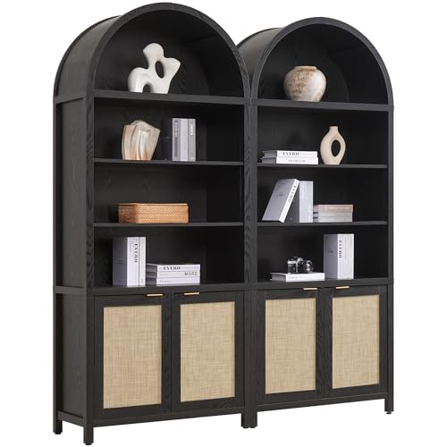 Image of SICOTAS 84.2 inch Tall Arched Bookcase with Doors - 5 Tier Rattan Bookshelf