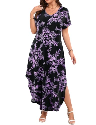 Image of JollieLovin Womens Plus Size Casual Summer Maxi Long Dress Short Sleeve T-Shirt Loose Sun Dress(L-5X)