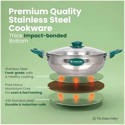Image of The Indus Valley Stainless Steel Impact Bonded Kadai 2.7 litres | 100% Toxin-Free Cookware | Even Heating | Heat-Resistant Handle | Induction-Friendly | Suitable for Gas & Induction Cooking