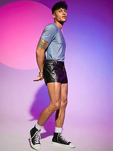 Gorglitter Men's Pu Leather Shorts Elastic Waist Rave Hot Short Pants With Pockets Black Small #TOP3