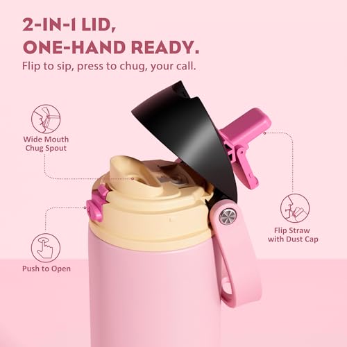POWCAN 24 oz Insulated Water Bottle for Women: 2-in-1 Push-Button Spout & Quick-Flip Straw, Leakproof, Cold 24Hrs, Fits Car Cup Holder, Stainless Steel Cup for Sports, Camping, Gift (Polka Whimsy) - image 2