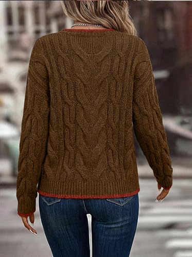 Sweaters for Women Oversized Color Block Long Sleeve Vneck 2025 2026 Early Fall Fahion Sweater Tops Loose Fit Cute Outfits Chunky Cable Knit Sweater Pullover Winter Trendy Clothes Coffee XL — view 4