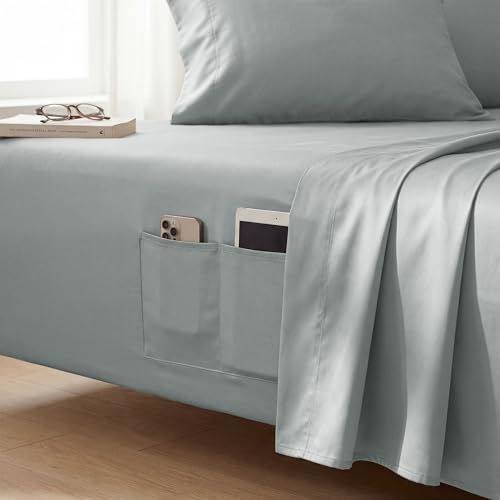 Image of SleepyCat 300TC Sateen Fitted Sheets with 1 Pillowcase | 100% Cotton Bedsheet | Buttery Soft Feel | 360 Elastic Grip | Side Pockets for Phone, Keys & Books | Denim, Single Size, 72x36 Inch