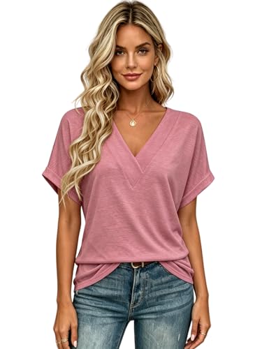 Image of T Shirts Short Sleeve V Neck Tees Womens Tops Beach Vacation Fashion Clothes 2026 Casual Summer Spring Fall Outfits