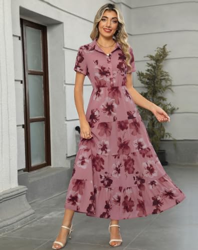 Image of Kranda Women 2026 Summer Collared V Neck Short Sleeve Button Down Chiffon Long Tiered Floral Maxi Dress with Pockets