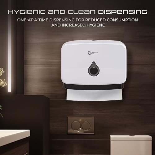 Image of Robustt Wall-Mounted V /N /M Fold Paper Hand Towel Dispenser - White (with 4 Adhesive Hooks) | Large Capacity | Durable ABS Material | Water-Resistant | Push Button Lock (Pack of 1)