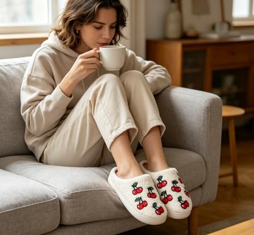 Image of FAYUEKEY House Slippers for Women Fuzzy Mens Fruit Series Strawberry Memory Foam slippers Bedroom Shoes
