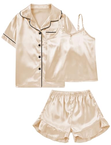 Funnycokid Girls Silk Pajamas Size 6-13 Kids Satin Pjs set 3 Piece Short Sleeve