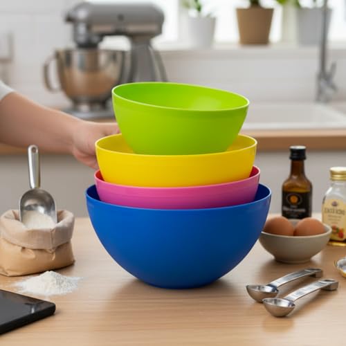 Image of Gluman 4-Piece Mixing Bowl Set | Opaque Multi-Color Plastic Kitchen Bowls for Baking, Cooking, Meal Prep & Serving | Lightweight, Dishwasher Safe |Stackable Bowls (3200ml, 2000ml, 1350ml, 850ml)