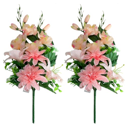 光触媒 墓花 ピンク 2個セット 仏壇 お墓用 造花 幅 約25cm 高さ約 49cm (茎の部分のみ約11cm) 枯れない お供え花 和風 供養 花