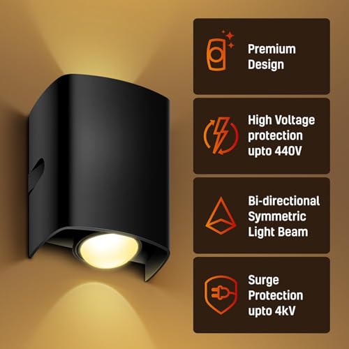 Image of Wipro Garnet 2 Watt 2 Ray Symmetric Up & Down Outdoor Wall Light for Home | 1 x 1W| IP65 LED Wall Light | Warm White, Yellow 2700K | Aluminium Housing |(Black Body, Pack of 1)