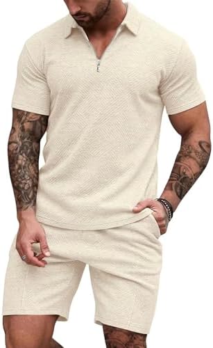 EISHOPEER Men's Polo Shirt Short Hawaiian Set Summer Outfits Casual Zipper Polo  Suit for Men 2 Piece Shorts Tracksuit, Beige, L : Buy Online at Best Price  in KSA - Souq is