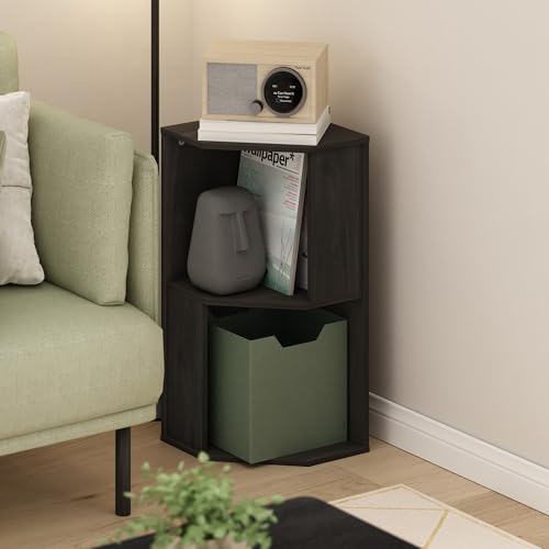 Image of Furinno ECON Corner Shelf, 2-Tier Corner Book Shelf, Standing Storage Shelves, Cube Display Rack, Bookshelf, for Organization and Storage, Living Room, Home Office, Espresso